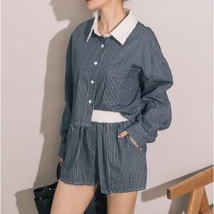 Navy pinstripe button up and boxer set size small-md